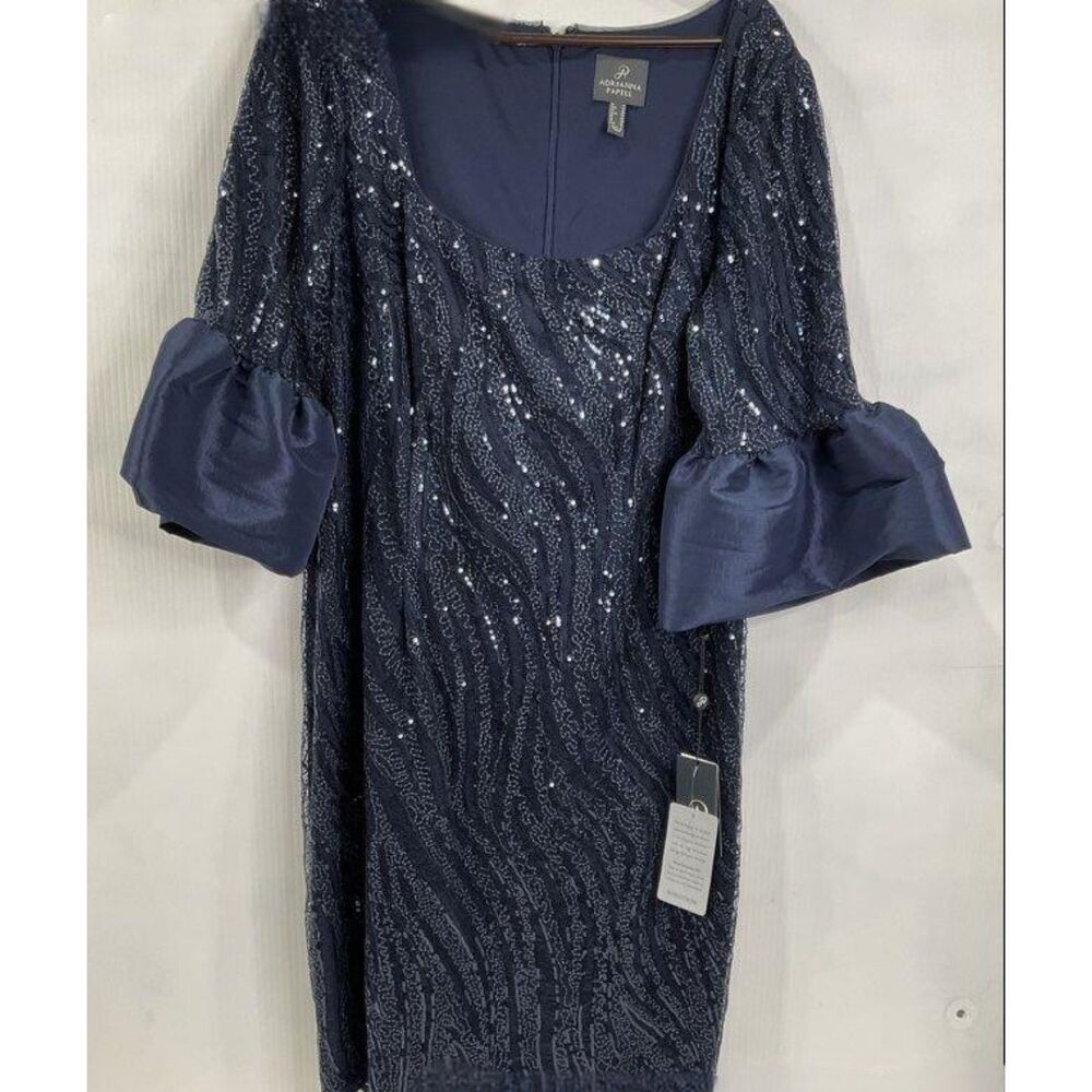 Adrianna Papell Sequin Embroidered Bell Sleeve Dress Navy Blue NWT - Size 16